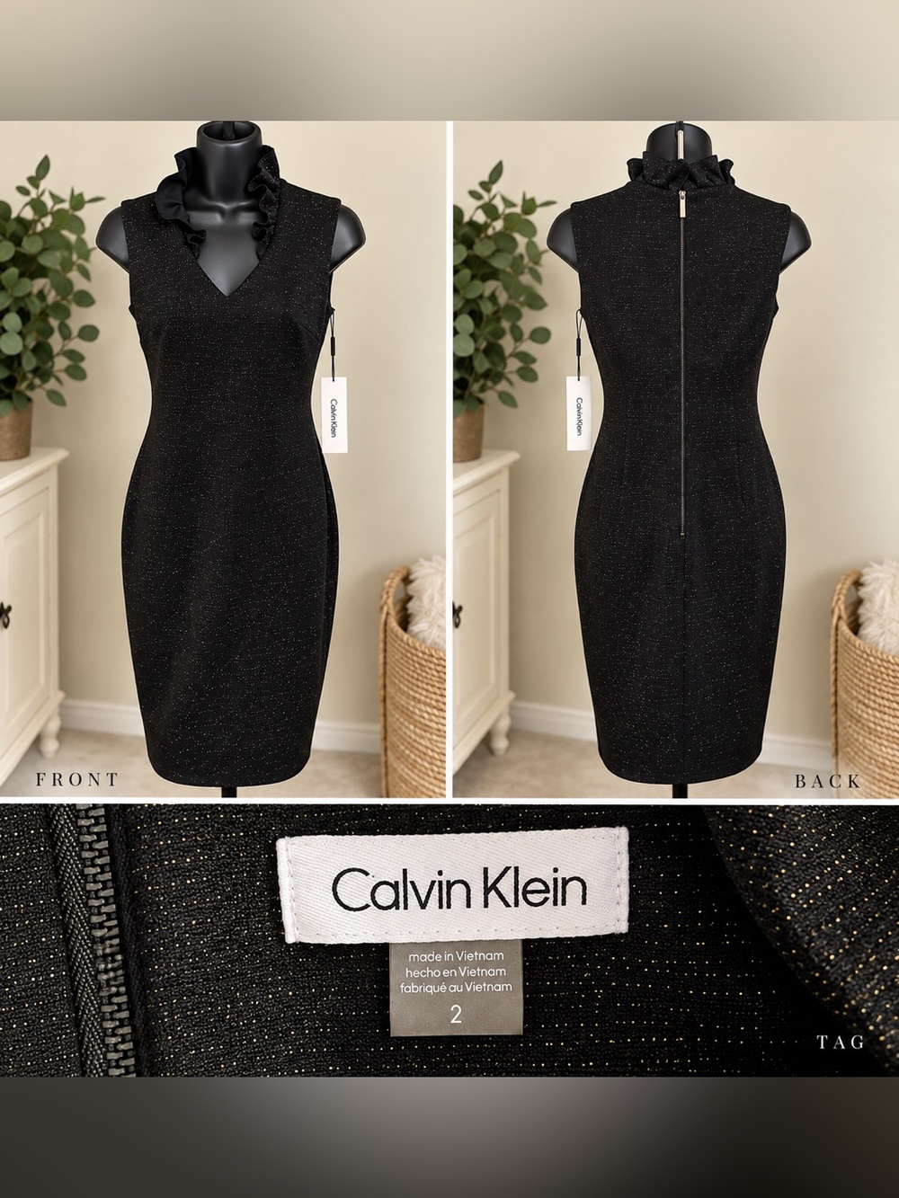 Calvin Klein Black Sparkle Ruffle-Neck Sheath Dress